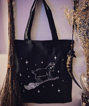 Load image into Gallery viewer, Tote Bag - Learning to Ride - Witchy Sabbatical Baby Goat on Broomstick