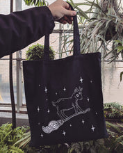 Load image into Gallery viewer, Tote Bag - Learning to Ride - Witchy Sabbatical Baby Goat on Broomstick