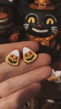 Load and play video in Gallery viewer, Mini Candy Corn Jack-o-Lantern Earring Studs
